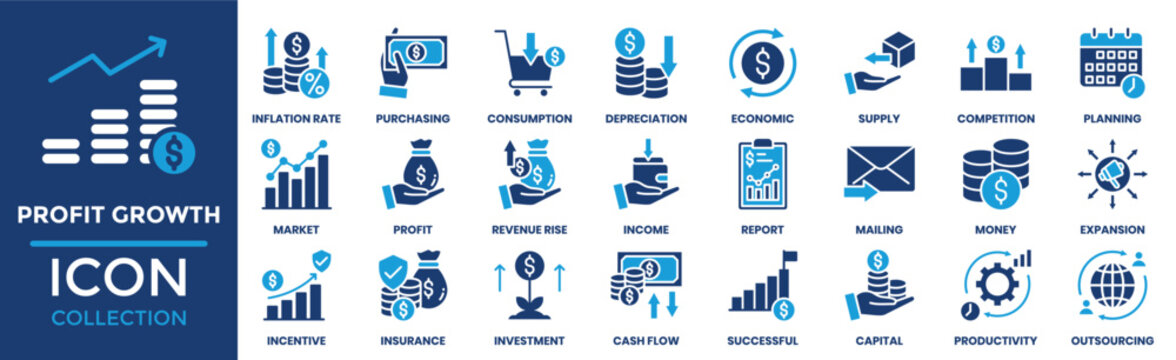 Profit Growth icon set collection. Containing income, report, mailing, money, expansion, incentive, insurance and more. Solid vector icons collection