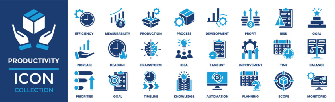 Productivity icon set collection. Containing efficiency, increase, priorities, goal timeline, knowledge, deadline and more. Solid vector icons collection