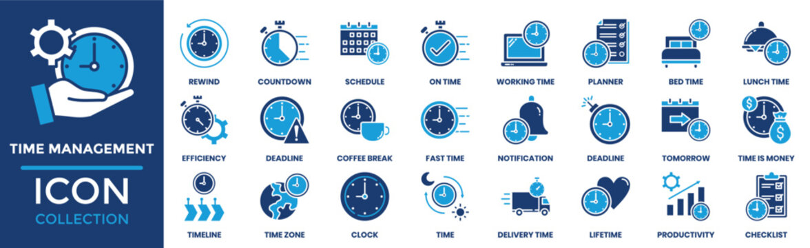 Time Management icon set collection. Containing rewind, countdown, schedule, on time, working time, planner, bed time and more. Solid vector icons collection