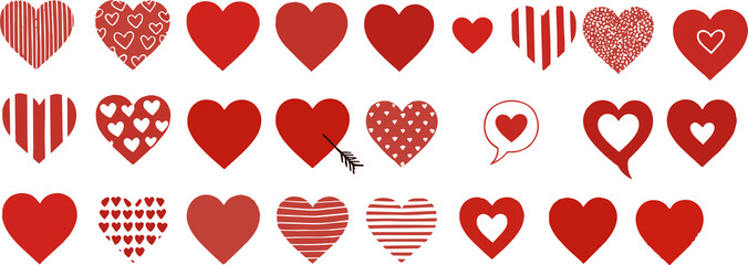 Set of red heart shapes with various patterns isolated on transparent background