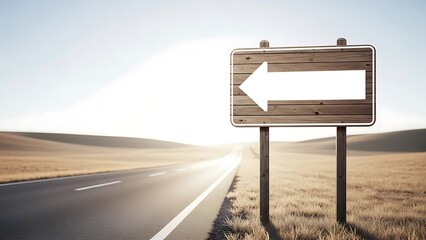 Empty road with a wooden signboard featuring a white arrow pointing left, standing beside the highway, under a bright sunny sky