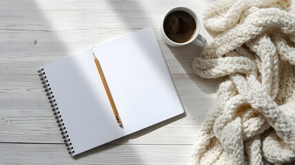 Cozy Corner: Blank notebook with pencil, a cup of coffee and warm knitted material. A serene image, perfect for creating an atmosphere of comfort and creativity. 