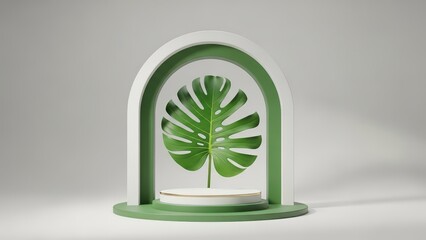 Modern green archway with large leaf on white pedestal