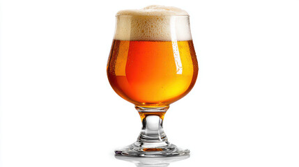glass of craft beer with foam head on white background