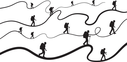 Silhouette of people hiking on winding mountain trails together