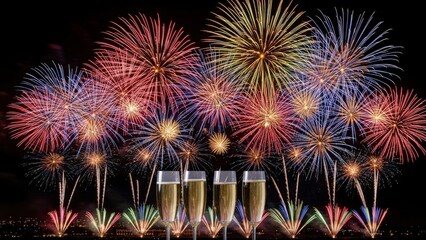 Vibrant fireworks display with champagne glasses on a celebratory night