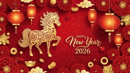 Vibrant Chinese New Year 2026 celebration with golden horse and red lanterns