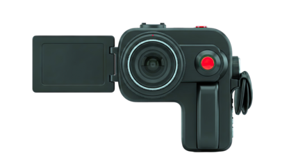 Black Camcorder with Open Screen and Red Record Button
