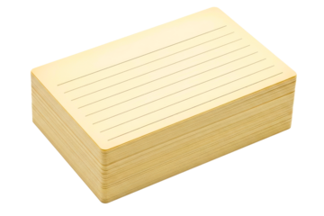 Stack of yellow-lined index cards for notes and study aids isolated on transparent background