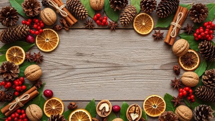 Cozy winter border with natural elements on rustic wood background