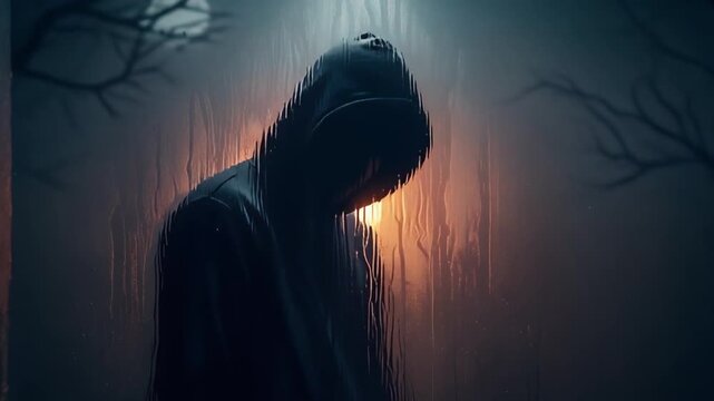 A hooded figure stands alone in a dark forest at dusk with a faint light emanating from their face