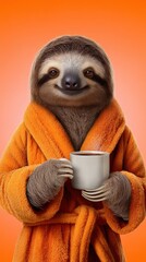 Obraz premium Cute Sloth in Orange Bathrobe Holding a Hot Cup of Coffee