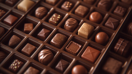 Assorted chocolate box with various pralines and truffles for gourmet dessert concept
