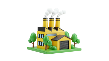 Cartoon Factory with Smoking Chimneys and Green Trees