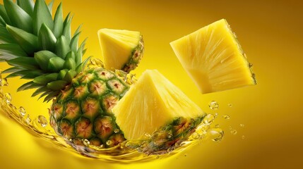 Fresh Pineapple Slices with Juice Splash on Vibrant Yellow Background