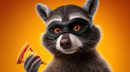 Obraz premium Cute Masked Raccoon Holding a Pizza Slice on Orange Background