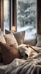 Polar Bear Sleeping On Couch Inside Cozy Wooden Cabin
