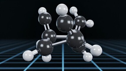 Dynamic 3D rendering of a complex hydrocarbon molecular structure showcasing the intricate arrangement of carbon and hydrogen atoms connected by chemical bonds set against a futuristic dark grid back.