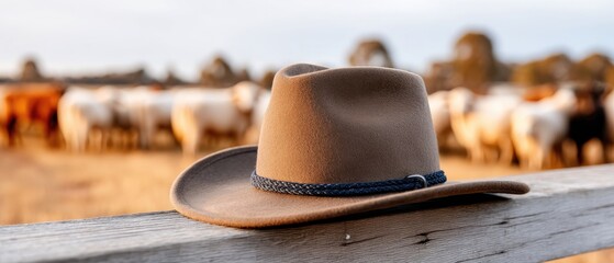 Cowboy hat hangs on a fence with cattle in the background at sunset and cowboys herding animals in the field