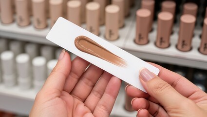 Hand holding white card with medium warm foundation shade sample in cosmetics store, with display of foundation bottles behind, highlighting makeup selection and beauty industry
