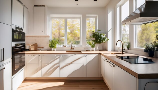 bright minimalist kitchen with matte white cabinets and oak countertops sunlight streaming through large windows interior photography for modern home design and lifestyle branding