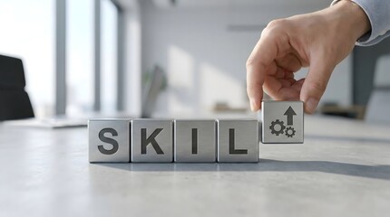 Hand stacking metal skill blocks,concept of professional growth,competence development and performance improvement in career