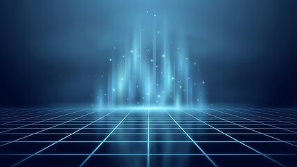 Futuristic digital grid with glowing blue lines and particles on a dark background, technology concept