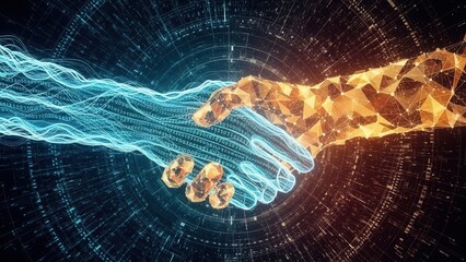 Business partnership in digital space with abstract handshake visualization