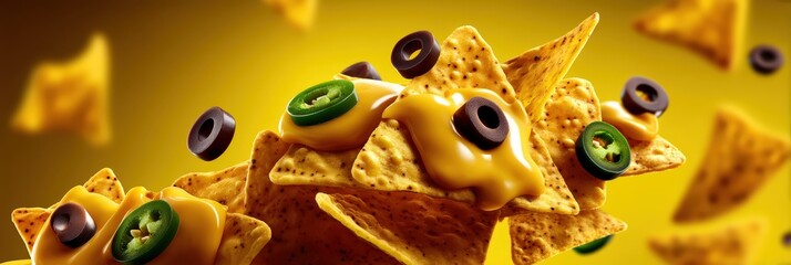 Levitating Nachos with Melted Cheese Jalapenos and Black Olives