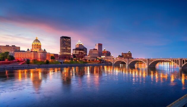saint paul minnesota skyline at dusk along the mississippi river city lights reflecting on water