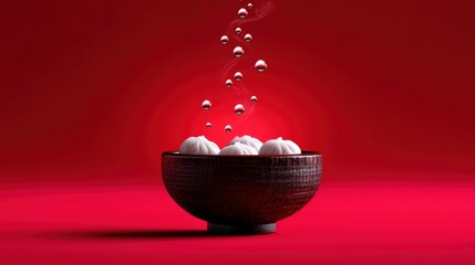 Steaming Dumplings in a Dark Bowl on Vibrant Red Background