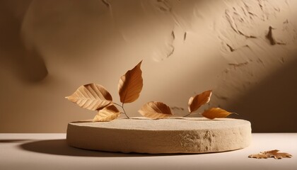 sand textured organic podium with dry leaves on stone surface warm daylight photography for nature inspired branding and artisanal product presentation