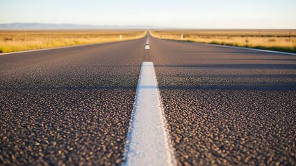 A long straight road stretches out into the distance through a rural landscape on a clear day