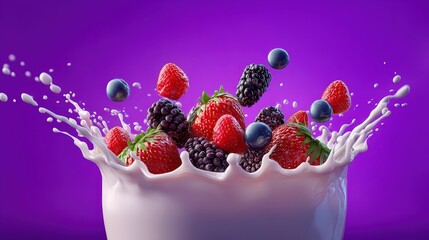 Fresh Mixed Berries Splashing into Creamy Milk on Purple Background