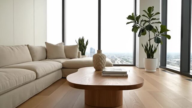 Cozy living room interior with a sofa and coffee table in a modern apartment