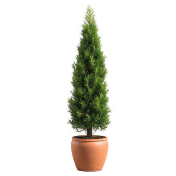 Tall Green Conifer Tree in a Terracotta Pot Isolated on White Background