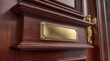 Elegant Blank Brass Nameplate on Polished Mahogany Wood Door