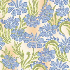 Floral seamless pattern in hand drawn rough texture, abstract floral motif