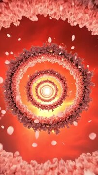 Abstract microscopic concentric cellular structure with radiating particles.