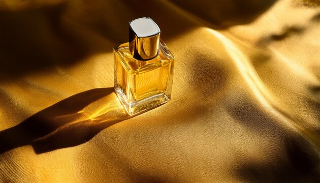 a clear glass perfume roller bottle with a yellow cap rests on golden fabric dappled with sunlight shadows