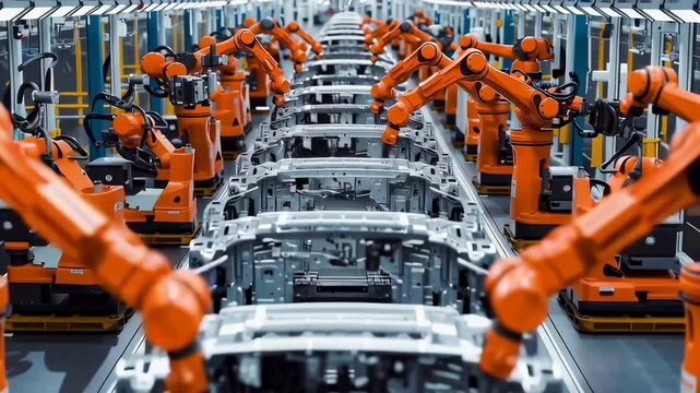 Robotic arms assembling car chassis in a modern factory.