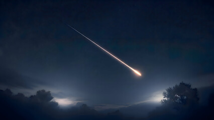 A bright meteor streaks across the night sky, illuminating the dark landscape.