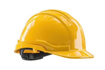 Fototapeta premium A bright yellow hard hat isolated on a white background, symbolizing safety and protection in construction and industrial environments.