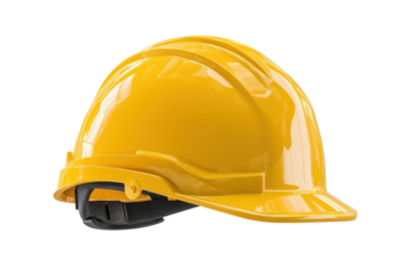 A bright yellow hard hat isolated on a white background, symbolizing safety and protection in construction and industrial environments.