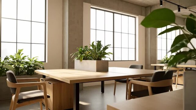 Modern Office Space with Natural Light - The video shows a bright, modern office space featuring large windows that allow ample natural light.