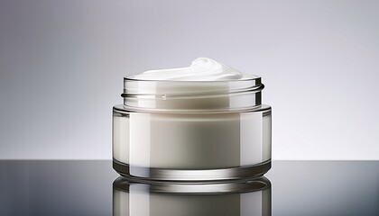 a clear jar of creamy off white moisturizer sits on a reflective surface against a light gray background showcasing its luxurious texture and elegant packaging