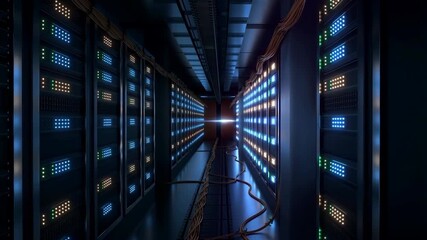 Futuristic data center corridor with illuminated server racks and cables. Represents advanced technology and data management solutions - Powered by Adobe