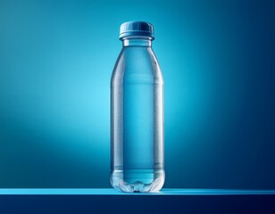 a clear plastic water bottle partially filled stands on a bright blue background subtly illuminated