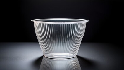 a clear plastic fluted cup sits on a dark surface empty showcasing its ribbed design and transparent nature the lighting highlights its form
