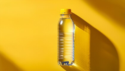 a clear plastic water bottle with a yellow cap stands on a vibrant yellow background casting a shadow the bottle is partially filled with water showing subtle ripples and indentations